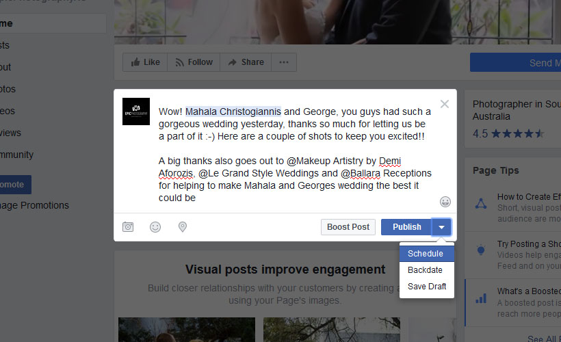 wedding photography marketing with facebook scheduled post